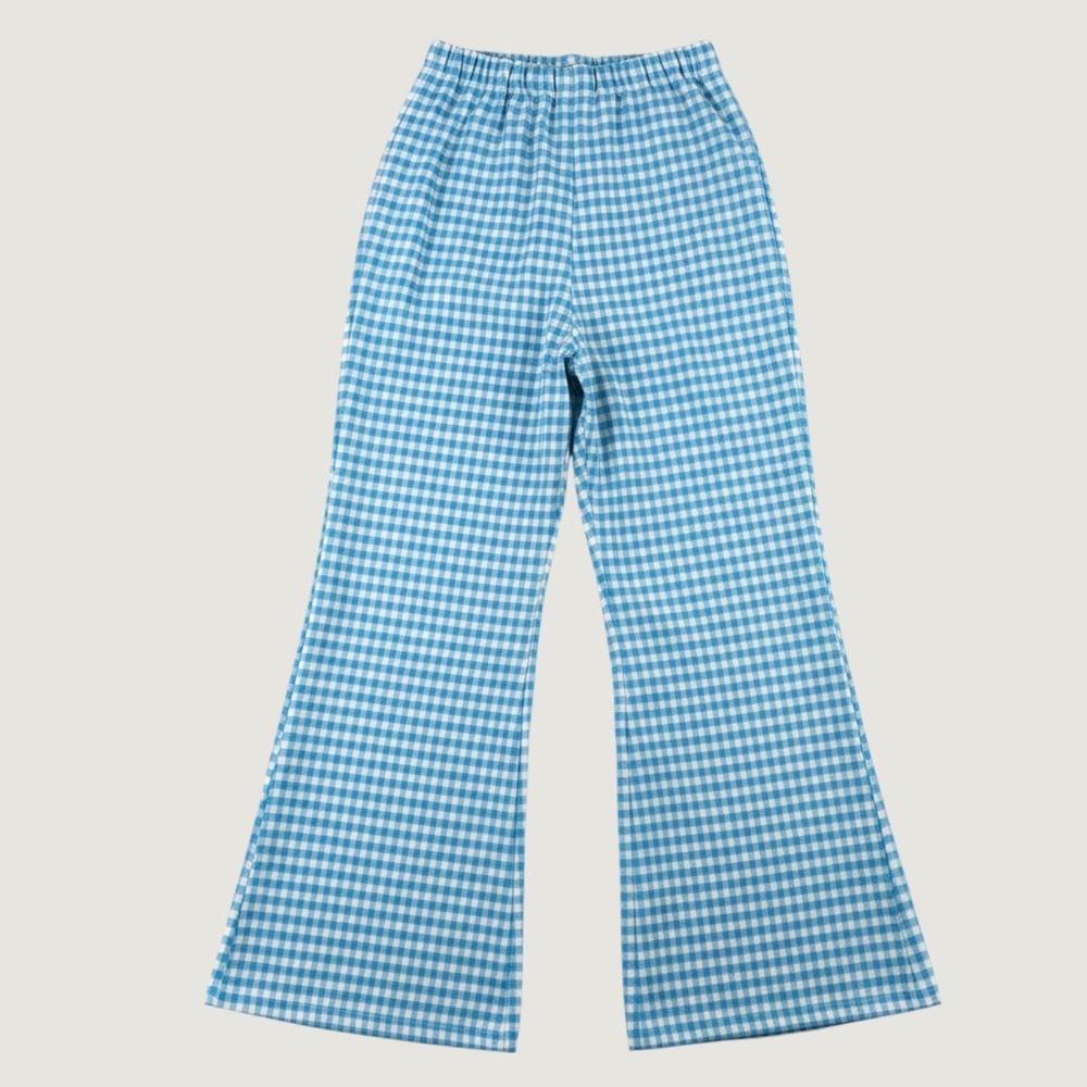 Vintage 70s Gingham Wide Leg Pants Women XS Blue Bell Bottoms Mod Knit